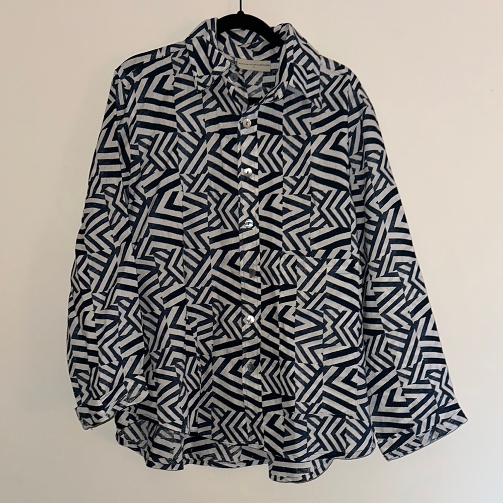 100% linen Eleven Stitch Design geometric pattern button up shirt